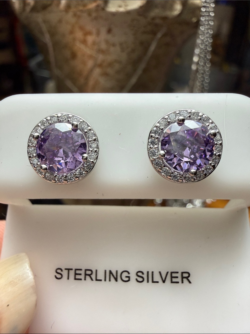 925 Sterling Silver Purple Crystal Halo Stud Earrings